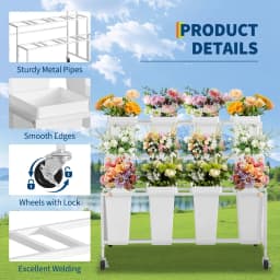 3 Tier Rolling Flower Display Stand With 12 Removable Buckets, Metal Plant Cart With Locking Wheels For Garden Wedding Flower Shop