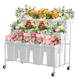 3 Tier Rolling Flower Display Stand With 12 Removable Buckets, Metal Plant Cart With Locking Wheels For Garden Wedding Flower Shop
