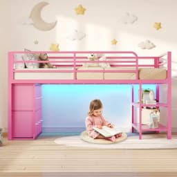 BTHST Low Lot Bed Twin Size with 6 Storage Ders, LED Lights Lot Bed | Pink Twin Size Lot Bed with Storage, 2-Tier Storage Bookca