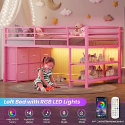 BTHST Low Lot Bed Twin Size with 6 Storage Ders, LED Lights Lot Bed | Pink Twin Size Lot Bed with Storage, 2-Tier Storage Bookca
