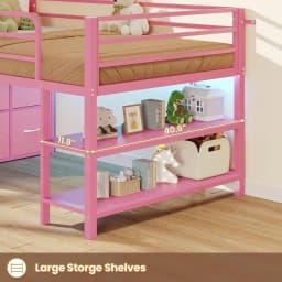 BTHST Low Lot Bed Twin Size with 6 Storage Ders, LED Lights Lot Bed | Pink Twin Size Lot Bed with Storage, 2-Tier Storage Bookca