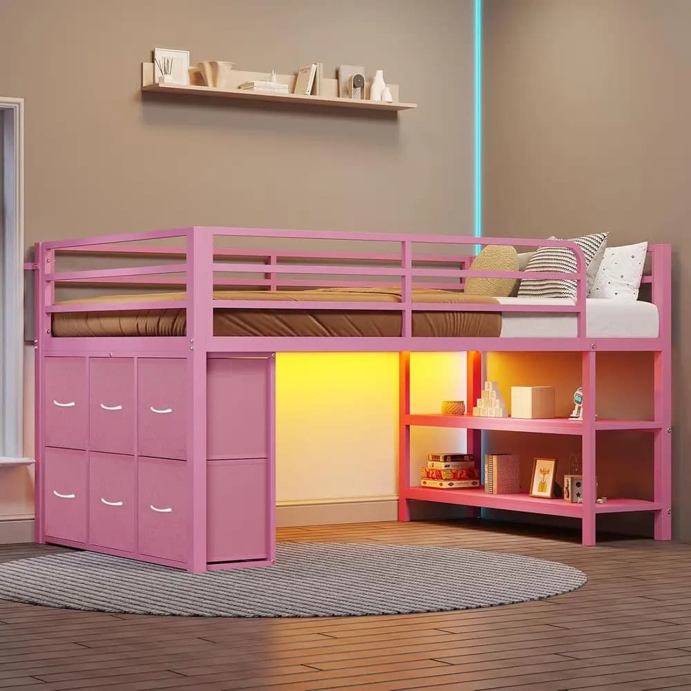 BTHST Low Lot Bed Twin Size with 6 Storage Ders, LED Lights Lot Bed | Pink Twin Size Lot Bed with Storage, 2-Tier Storage Bookca