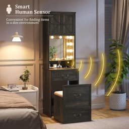 Vanity Desk with Mirror, Lights, and Storage for Makeup, Compact Desk with Drawers and Shelves, Vanity Table with Hidden Chair,