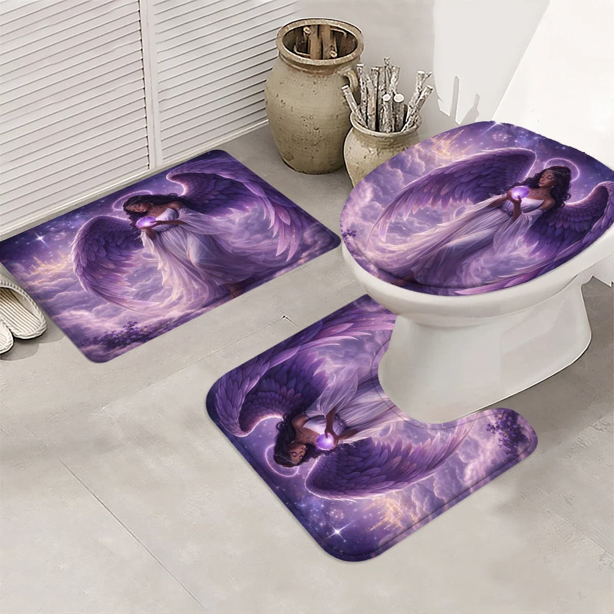3 Pieces Mystic Purple Angel Bathroom Rugs Set, Celestial Star Cloud Black Angel Magic Orb Fantasy Purple Tone Pattern Non‑Slip Bath Mat U‑Shaped Rug Toilet Seat Cover, Spiritual Fantasy Home Bathroom Decor Gift