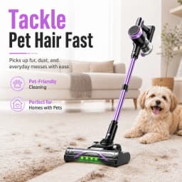 Cordless Vacuum Cleaner for Home, 55KPa Powerful Suction Rechargeable Stick Vacuum, Up to 45 Minutes Runtime, Self-Standing Design, 1.5L Dust Cup and 3 Cleaning Modes for Pet Hair and Carpet