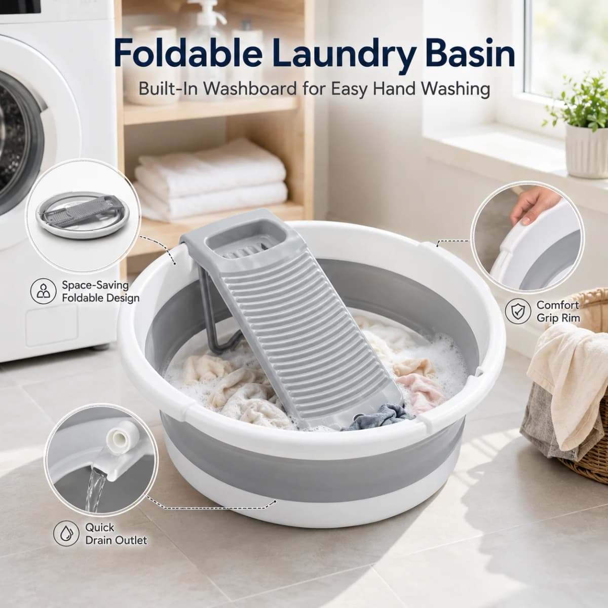 Large Collapsible Washboard Basin for Hand Washing Clothes - Portable Laundry Tub with Scrubber, Durable & Sturdy, Foldable Space-Saver, Ideal for Home, Travel, and Camping