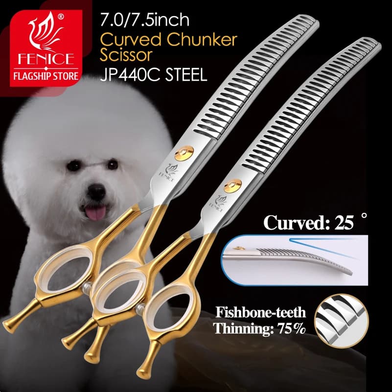 Fenice JP440C High Quality 7.0/7.5 inch Professional Dog Grooming Scissors Curved Chunker Scissors Grooming for Dogs Face Body