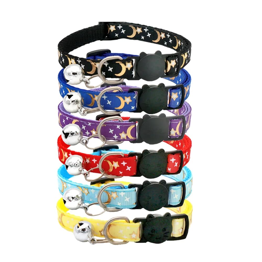 Gold Stars and Moon Cat Collar with Reflective Safety Buckle and Bell
