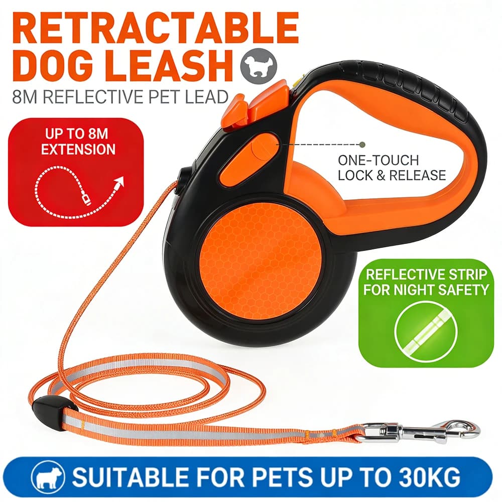 8M Retractable Dog Lead Heavy Duty Pet Walking Leash with Strong Reflective Tape Non-Slip Handle for Small Medium Large Dogs