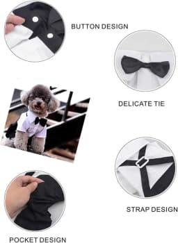 Stylish Dog Tuxedo Suit Prince Wedding Costume White Black Formal Clothes with Bowtie Puppy Jumpsuit for Small Dogs
