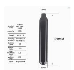 0.38LRound Aluminum Bottle 50mm OD M18*1.5 Inlet Thread Tank Bottle 20Mpa 4500psi Tank Regulator For Cylinder Diving