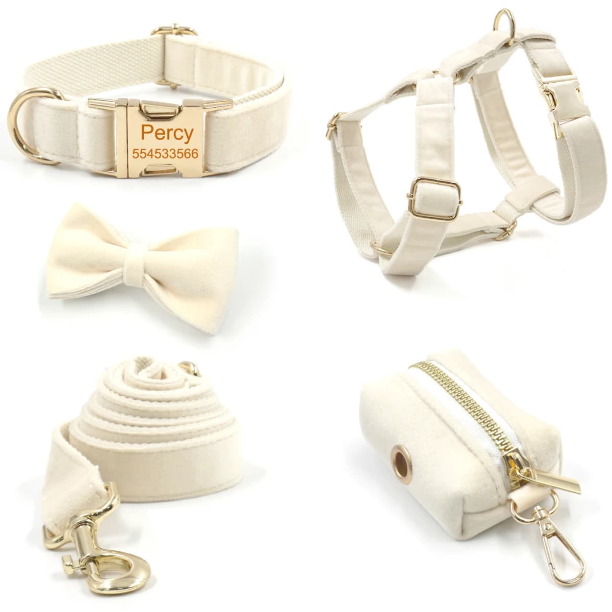 Personalized Dog Harness Collar Name Customized Velvet Collar Bow Leash for Small Medium Large Dogs Poop Bag Dispenser Pouch