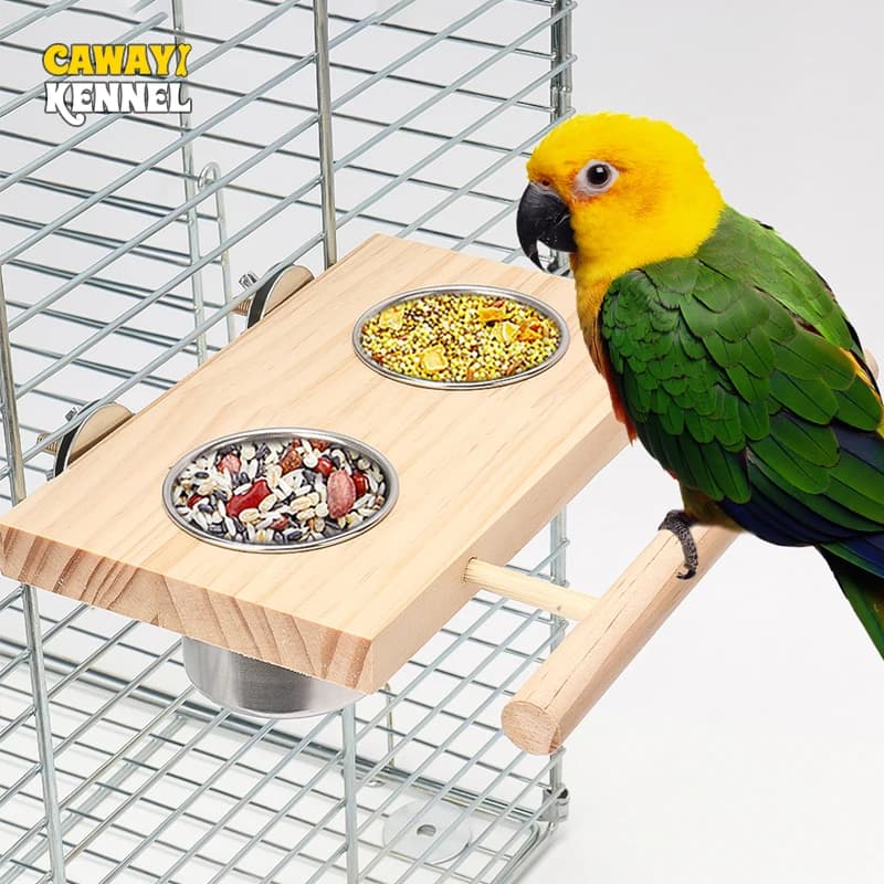 1 Pc Stainless Steel Bird Bowl Feeding Dish Cups Wooden Perch Stand Parrot Cage Feeder for Pet Birds Cockatiels Lovebird Conures