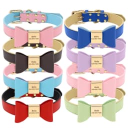 Personalized Dog Name Collar Soft PU Leather Puppy Cat Bowknot Necklace Anti-lost ID Collars for Small Medium Large Dogs Cats