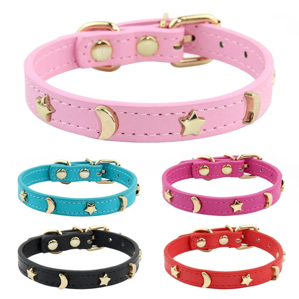 Cute Cat Collar Soft Leather Pet Collars For Small Dog Kitten Puppy Necklace Cat Accessories Star Moon Rivets Decoration XS-M