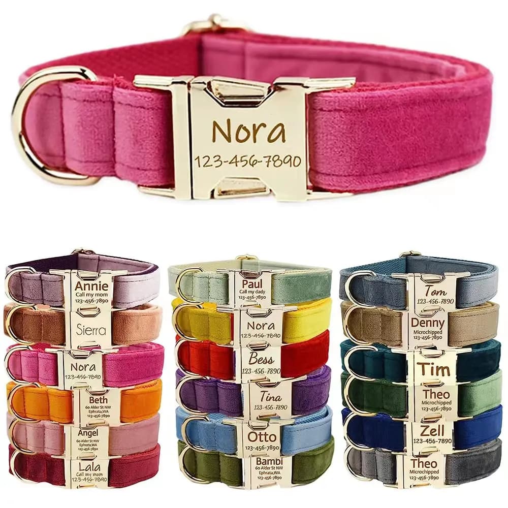 Personalized Dog Collar Velvet Puppy Adjustable Collar for Small Medium Big Dogs Collars with Name Customized ID Tag Engraving