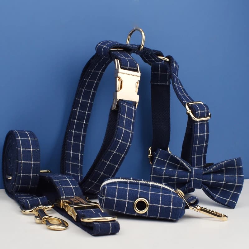 Dark Blue Check Dog Collar Leashes Harness Bow Set Grid 02