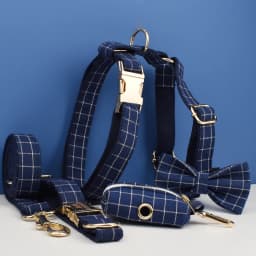 Dark Blue Check Dog Collar Leashes Harness Bow Set Grid 02