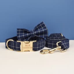 Dark Blue Check Dog Collar Leashes Harness Bow Set Grid 02