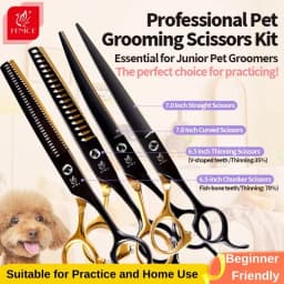 Fenice Professional Black and Gold Two-Color Pet Dogs Grooming Scissors Set for Small Dogs Straight Curved Thinning Shears