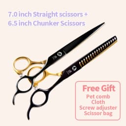 Fenice Professional Black and Gold Two-Color Pet Dogs Grooming Scissors Set for Small Dogs Straight Curved Thinning Shears