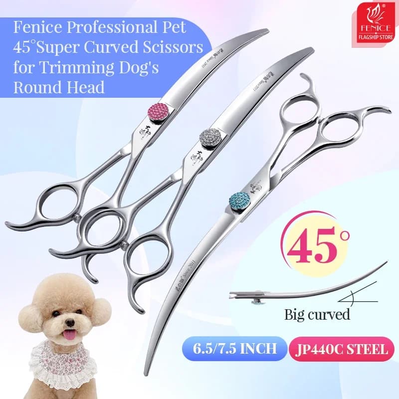 Fenice Professional 6.5/7.5 Inch Super Big Curved Scissors 45° Curved Scissors for Trimming Dog's Round Head Pet Grooming Tools