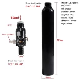 0.38L Aluminum Tank 5/8"-18 UNF Air Bottle 3000Psi 200Bar HPA Compressed Air Co2 Cylinder Bottle Tank Regulator Valve