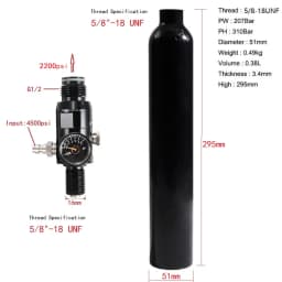 0.38L Aluminum Tank 5/8"-18 UNF Air Bottle 3000Psi 200Bar HPA Compressed Air Co2 Cylinder Bottle Tank Regulator Valve