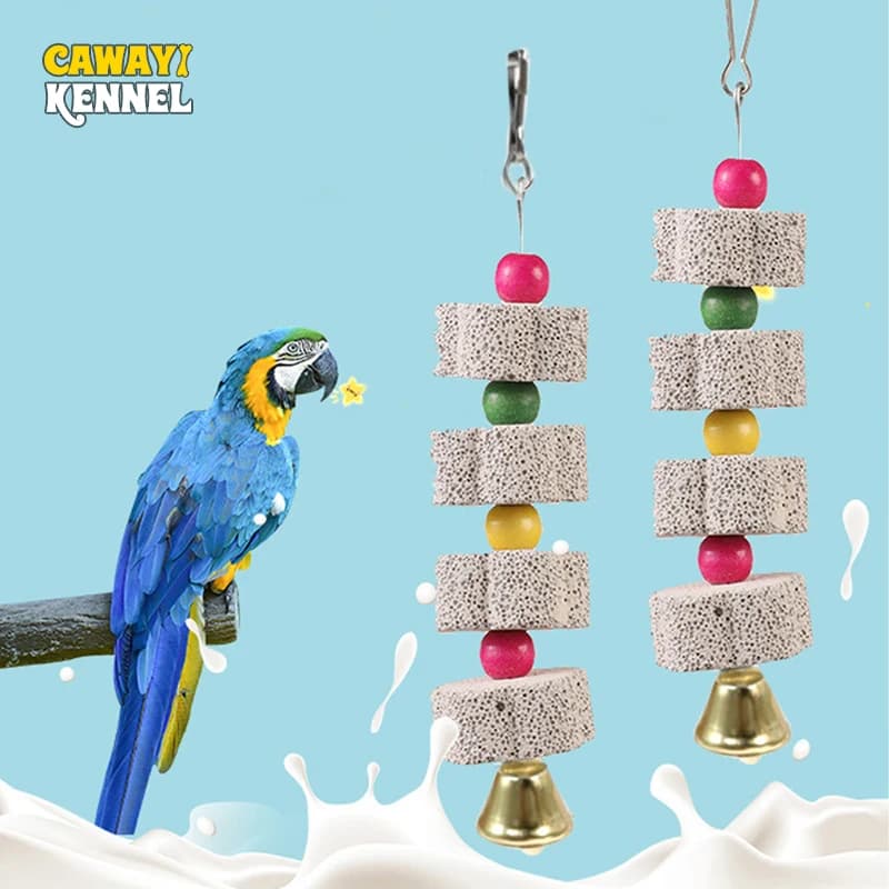 Random Color Bird Cage Toy Mineral Molar Stone Chewing Toy Flower Shape Hanging Type with Bells Toy for Parrot Bird Accessories