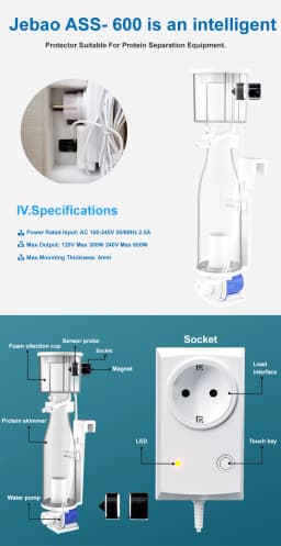 Jebao ASS-600 220V Explosion Proof Smart Aquarium Internal Protein Auto Skimmer Security for Fish Tank Automatic Anti-overflow