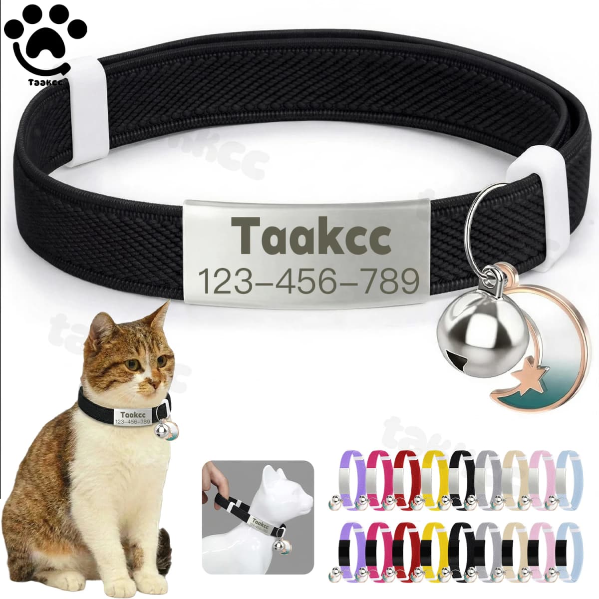 Personalized Elastic Cat Collar with Bell Moon & Safety Buckle Customized Name tag Puppy Kitten Necklace Free Engraved