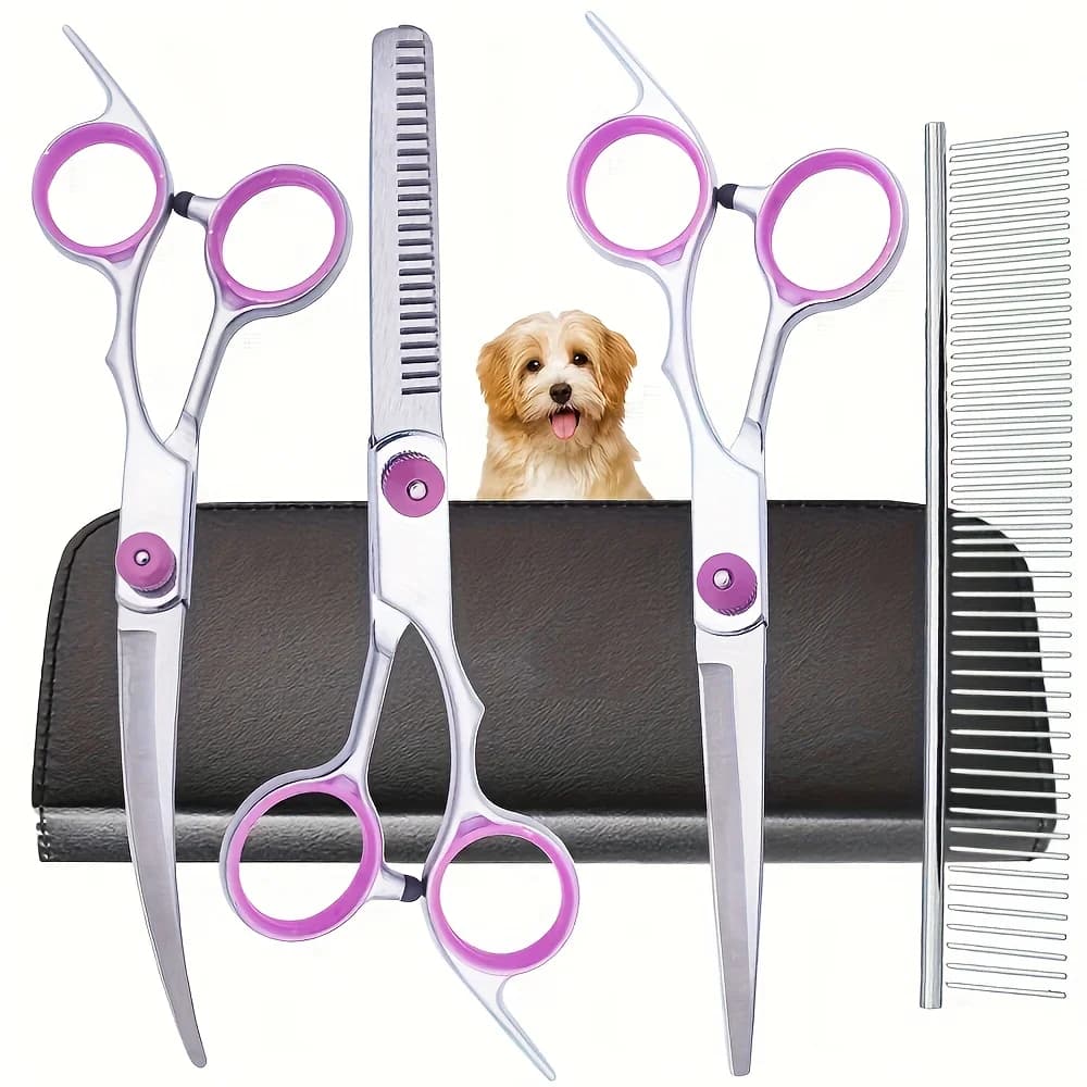 5Pcs Professional Dog Grooming Scissors Set Stainless Steel Pet Curved Thinning Shears Kit with Comb Case for Pet Hair Cutting