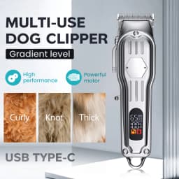 Upgrade Low Noise Dog Clippers for Thick Hair: Rechargeable Metal Blade, 8 Combs, Grooming Kit for Curly Hair (Silvery)