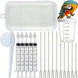 Bird Medicine Feeding Kit in a Box, Includes 10 Feeding Tubes, 5 Syringes, 5 Small Spoons, 1 Large Spoon, 1 Graduated Measuring Cup, and a Storage Box, Suitable for Feeding Birds Medicine, Feeding Them Milk, and Feeding Them Food. the Syringes Have Graduations for Precise Dosing, Easy to Carry and Convenient to Store, a Must-Have for Home Bird Care