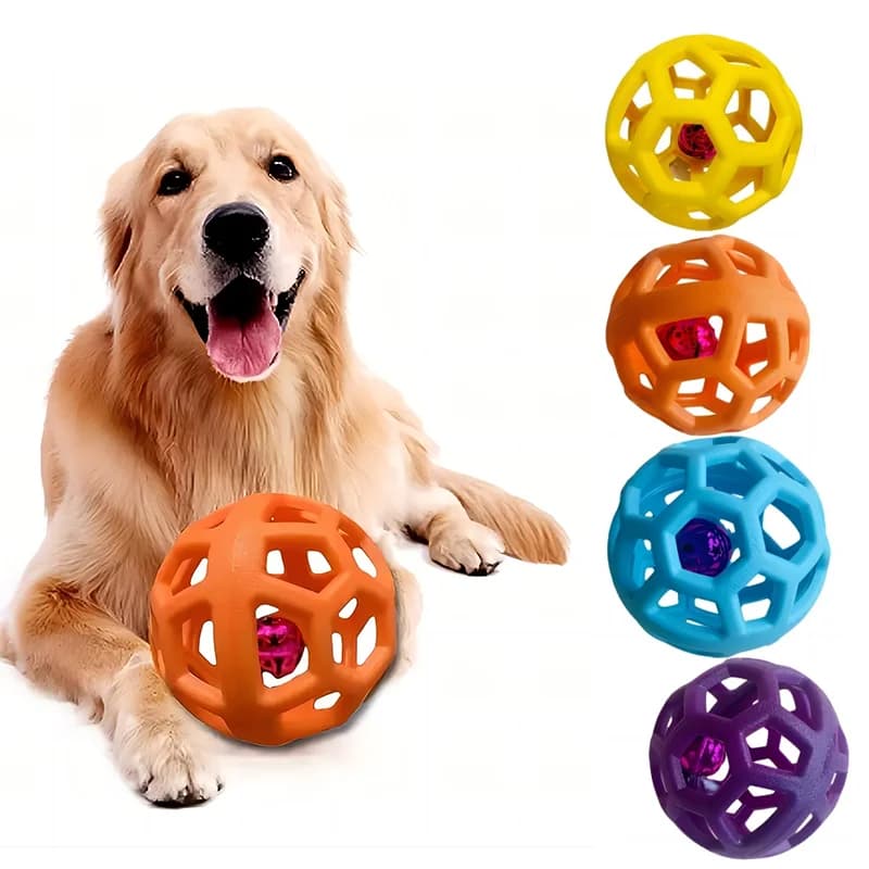 Rubber Dog Ball Toy with Bell Interactive Squeaky Hollow Ball Bite Resistant Teeth Cleaning Chew Toy for Small Medium Large Dogs