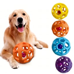 Rubber Dog Ball Toy with Bell Interactive Squeaky Hollow Ball Bite Resistant Teeth Cleaning Chew Toy for Small Medium Large Dogs