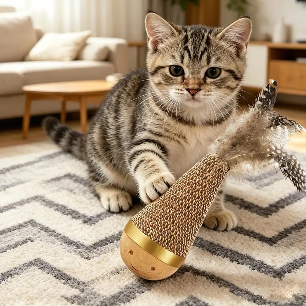 Self Playing Cat Toy Interactive Tumbler with Feather Teaser Wand Scratch Resistant Kitten Toys for Indoor Cats Boredom Relief