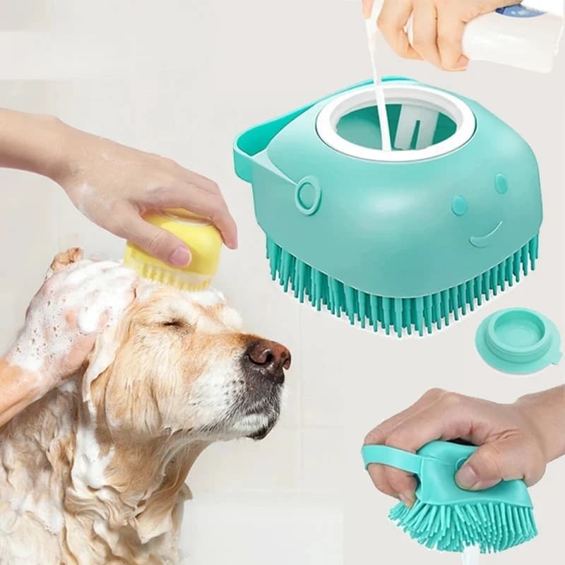 Dog Bathing Brush Pet Massage Shampoo Dispenser Rubber Bristle Shower Grooming Tool for Dogs And Cats