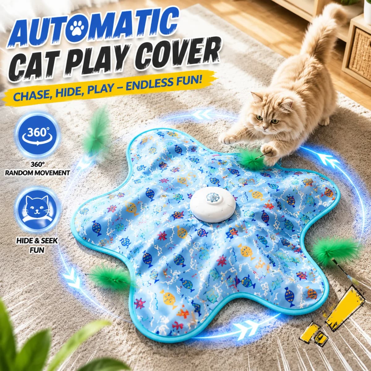 Electric Interactive Cat Toy Play Cover Mat 360 Random Movement Feather Teaser Hide Seek Design Automatic Cat Hunting Toy