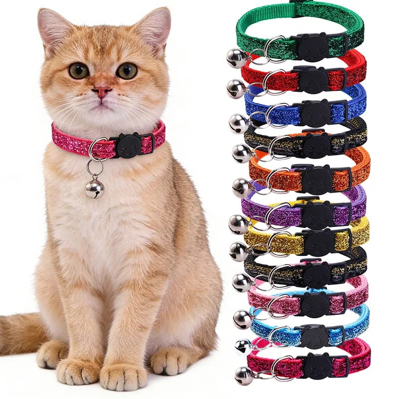 Pet Collar with Bell Cat Dog Glitter Sequin Breakaway Adjustable Small Dog Kitten Collar Puppy Daily Wear Walking Neck Strap