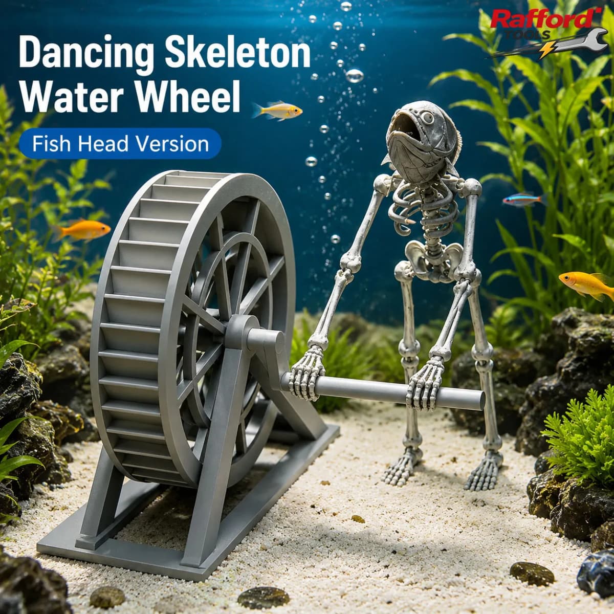 Rafford 3D Fish Head Skeleton Water Wheel Aquarium Ornament Creative Fish Tank Decoration Funny Underwater Scene Decor Gift