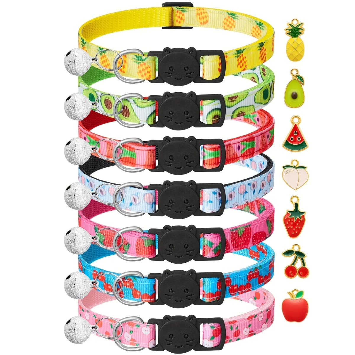 Fruit Pattern Cat Collars 7 Pack Cat Collars Fruit Pattern, Breakaway Buckle, Safety Reflective Kitten Collar with Bell & Charm