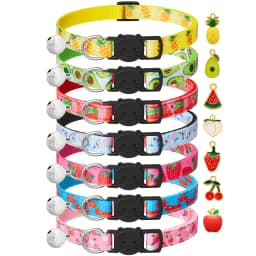 Fruit Pattern Cat Collars 7 Pack Cat Collars Fruit Pattern, Breakaway Buckle, Safety Reflective Kitten Collar with Bell & Charm