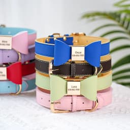 Personalized Dog Collar Cute Bowknot Engraved Dog Collars PU Leather Puppy Cat Necklace Adjustable for Small Medium Large Dogs