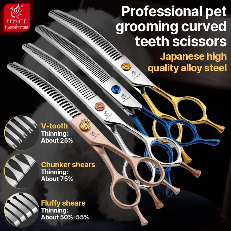 Fenice High-end 6.5/7 inch Professional Pet Grooming Scissors Curved Thinning Shears for dogs & cats animal hair tijeras tesoura