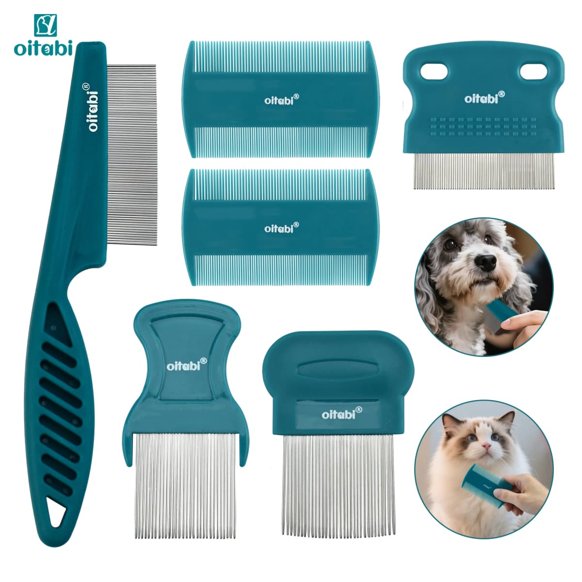 Oitabi 3/4/5/6Pcs Dog Grooming Comb Set, Pet Flea Lice Stainless Steel Cat Combs, 2-in-1 Double Sided Dogs Tear Stain Remover