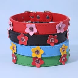 Cute Flowers Solid PU Leather Dog Cat Collar Padded Adjustable Puppy Necklace for Small Medium Large Dogs Rhinestone Accessories