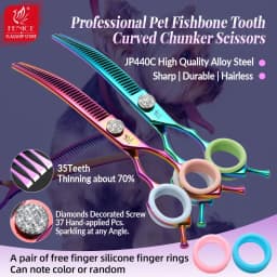 Fenice 7.25 Inch Professional Diamonds Screw Curved Chunker Scissors Pet Grooming Shears JP440C Thinner Shears for Dogs