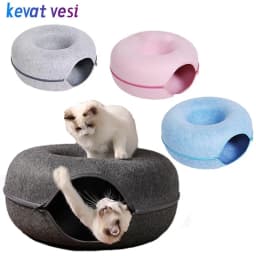 Cat Bed Donut Shape Pet Interactive House for 2 Cats Felt Tunnel Kitten Beds Removable Half Closed Cat Cave Nest Pets Supplies