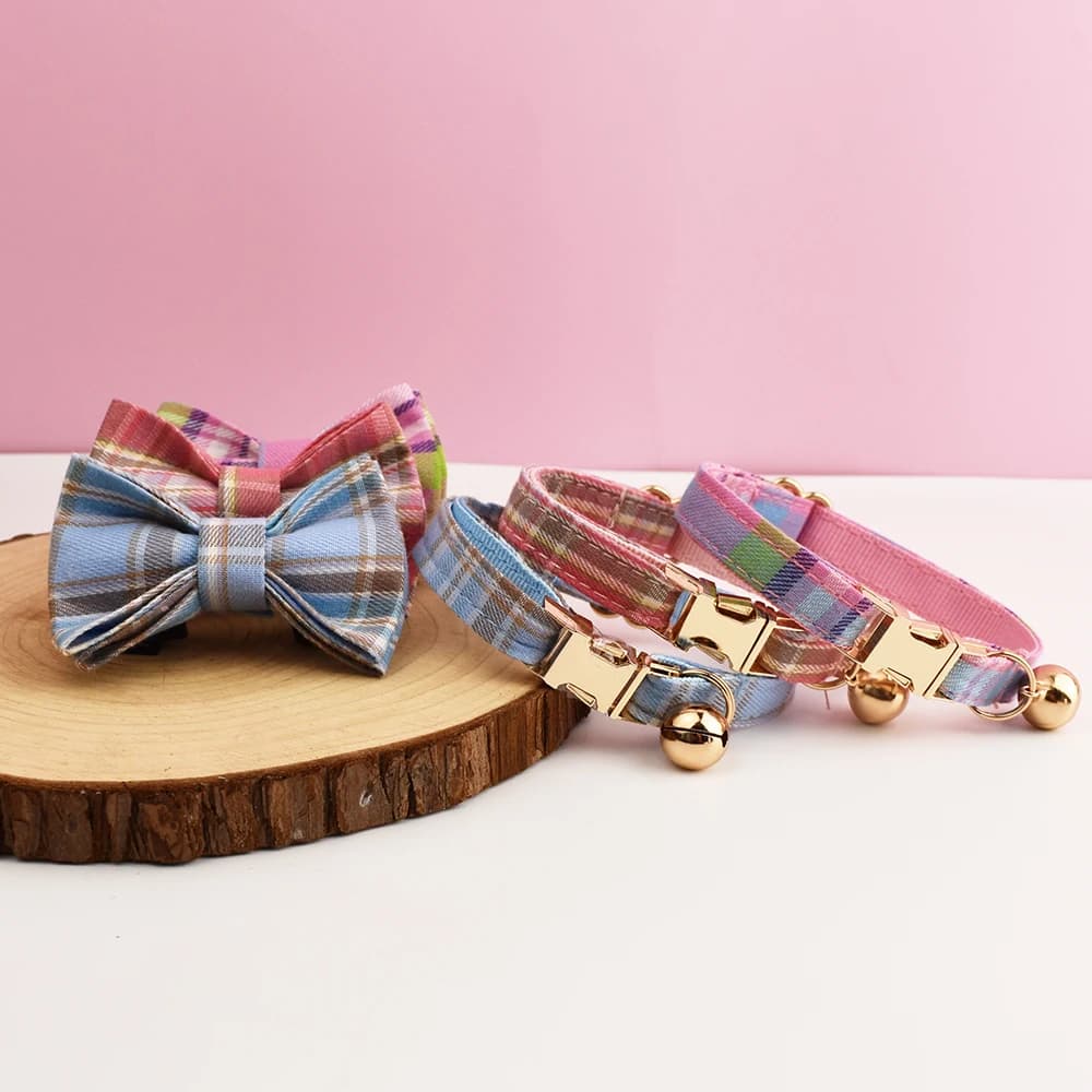 Plaid Pattern Cat Collar Bowknot Adjustable Safety Personalized Pet Collar Customized Name Soft Collar